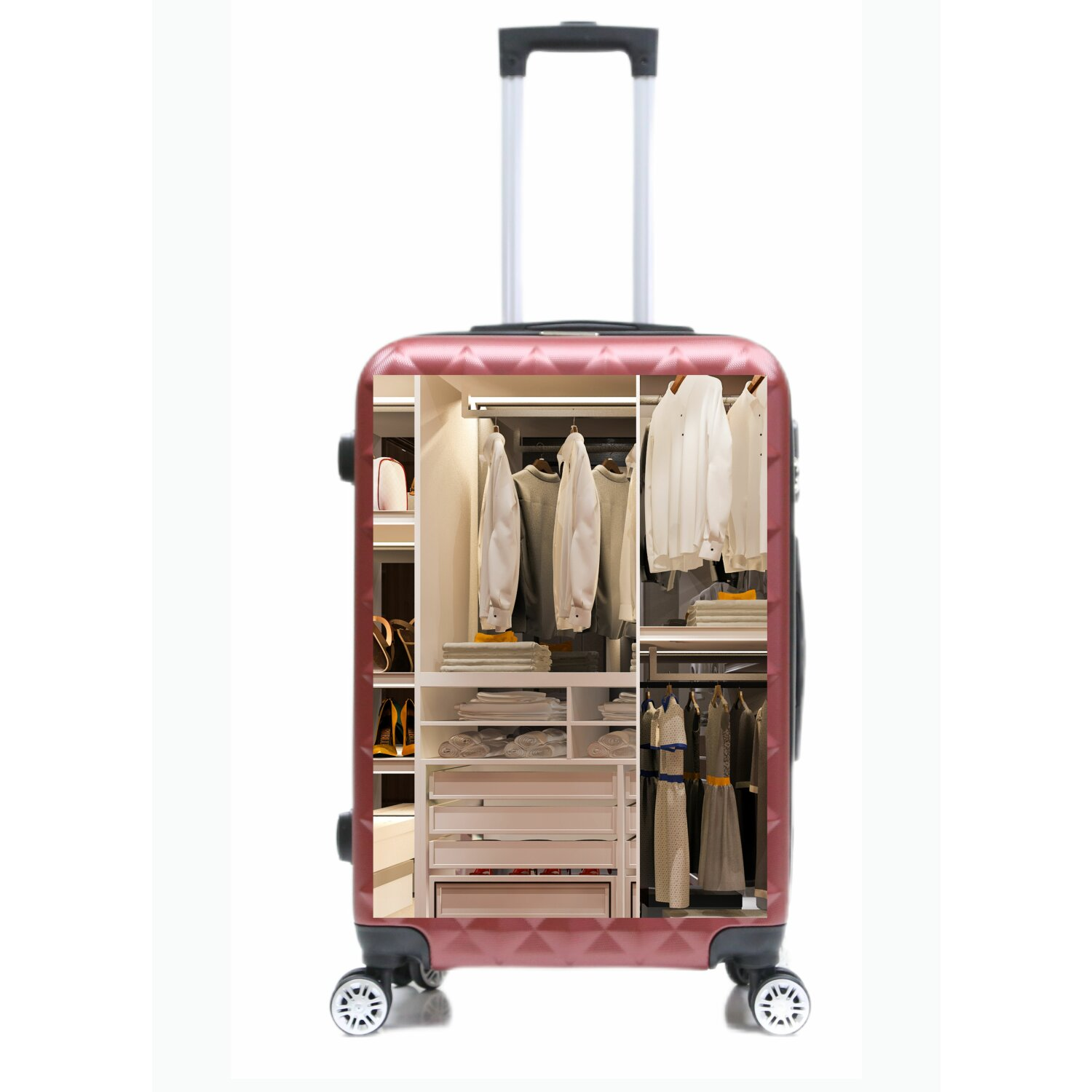Ein Koffer mit einem Schrank im Inneren, der Kleidung zum Aufhängen und auf Regalen zeigt. Rosa Außen, weißer Hintergrund.