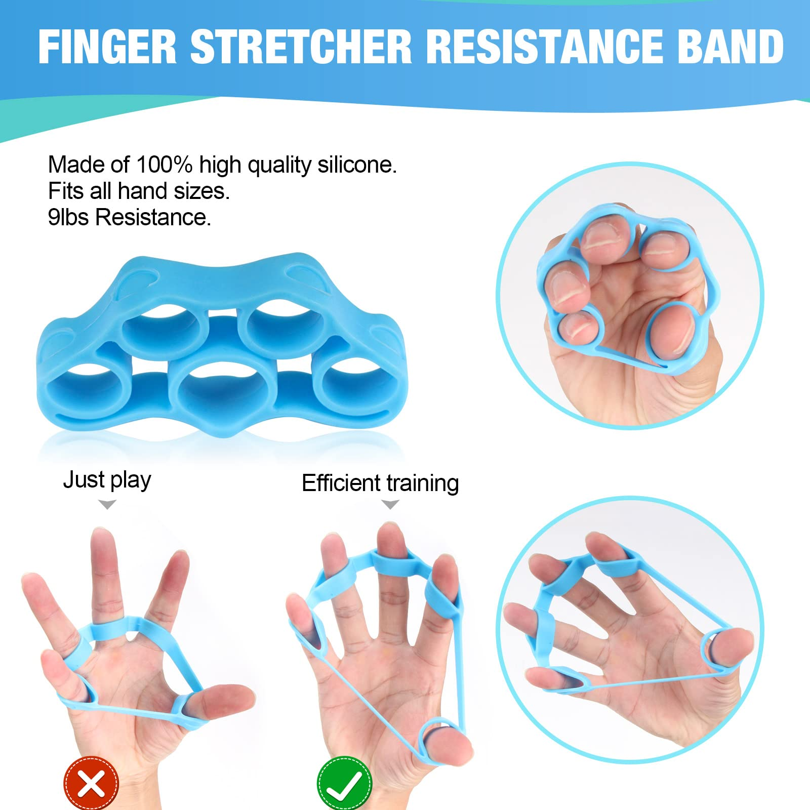 Niebieski ekspander do palców z dłońmi. Instrukcje pokazują, jak go używać do ćwiczeń.
