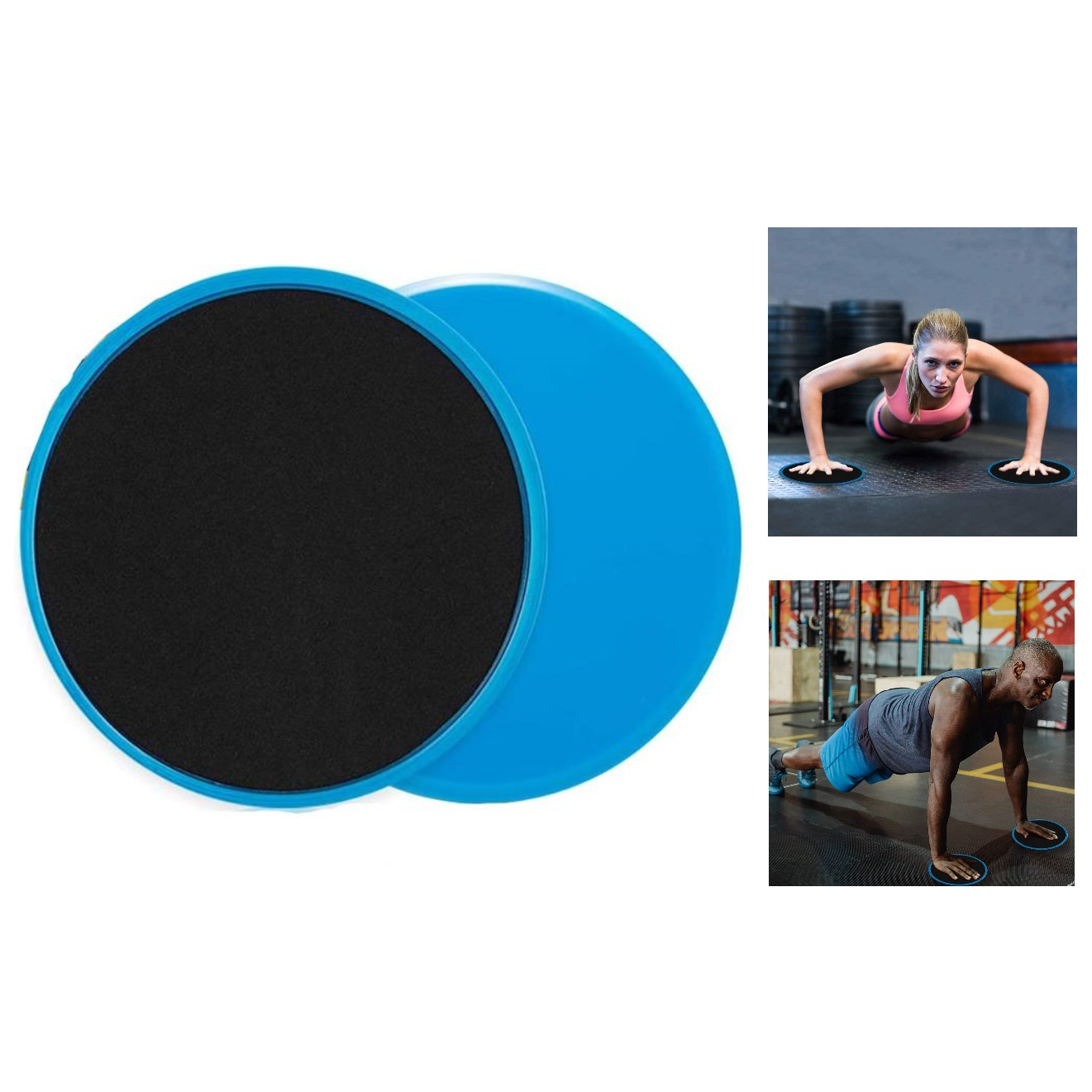 Zwei blaue Trainings-Slider und zwei Fitnessleute, die sie drinnen benutzen. Einer macht Liegestütze.