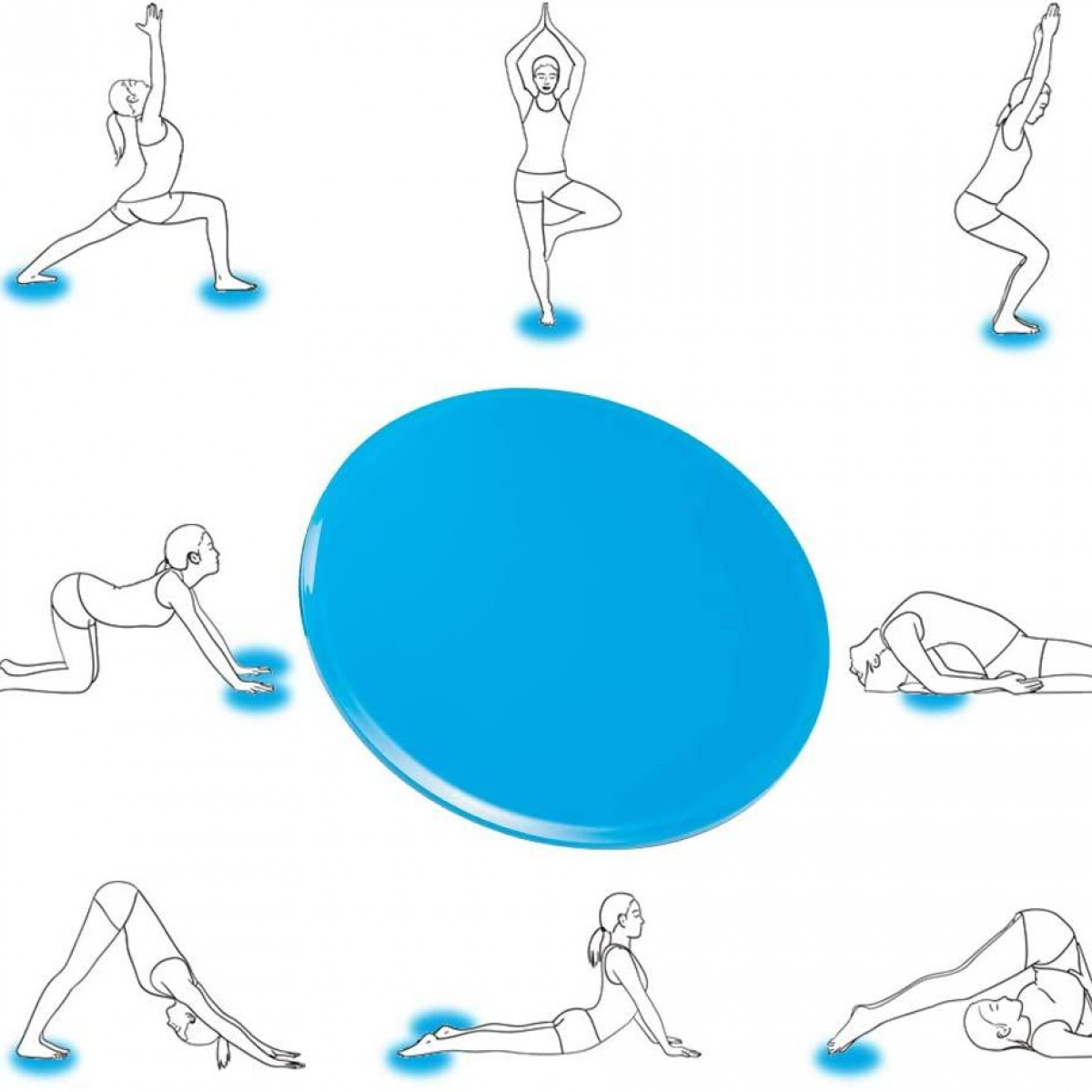 Eine blaue Yogamatte mit mehreren Illustrationen von Yoga-Posen. Menschen machen Yoga.