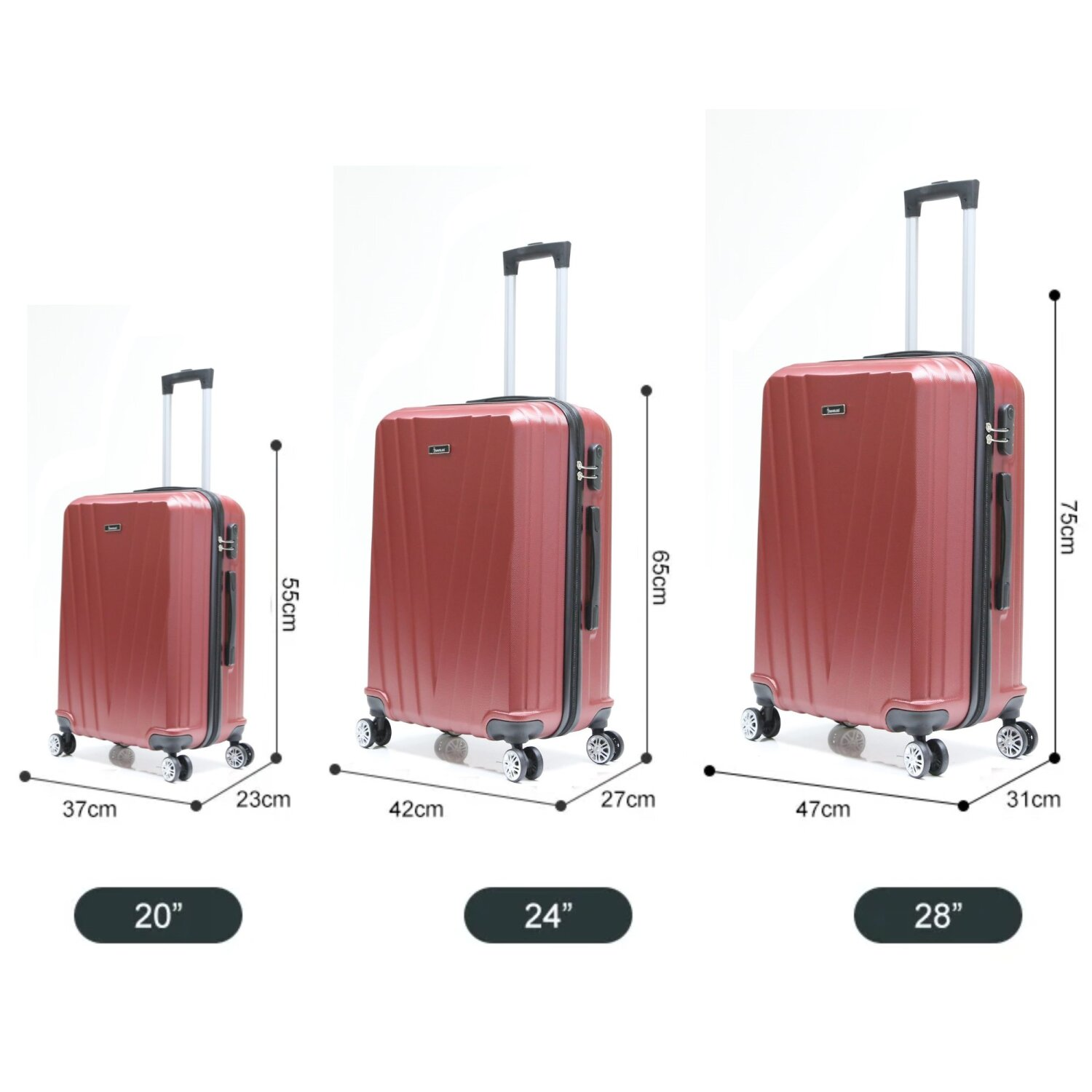 Drei rote Koffer, mit Maßangaben. Größen sind 20", 24" und 28".