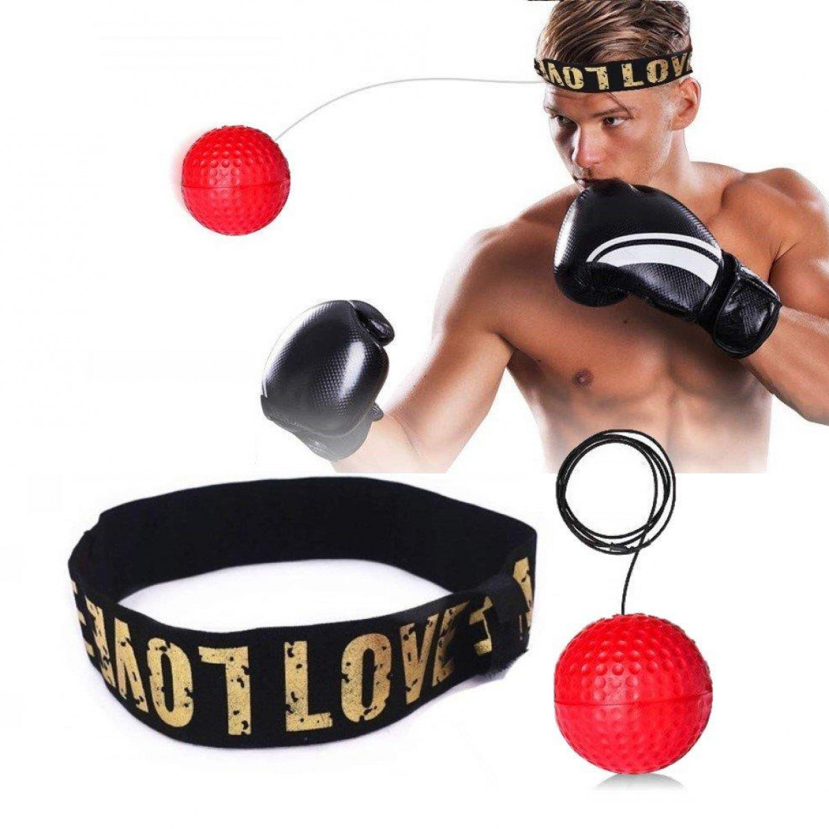 Boxer mit Ausrüstung: roter Ball, Stirnband und Handschuhe.
