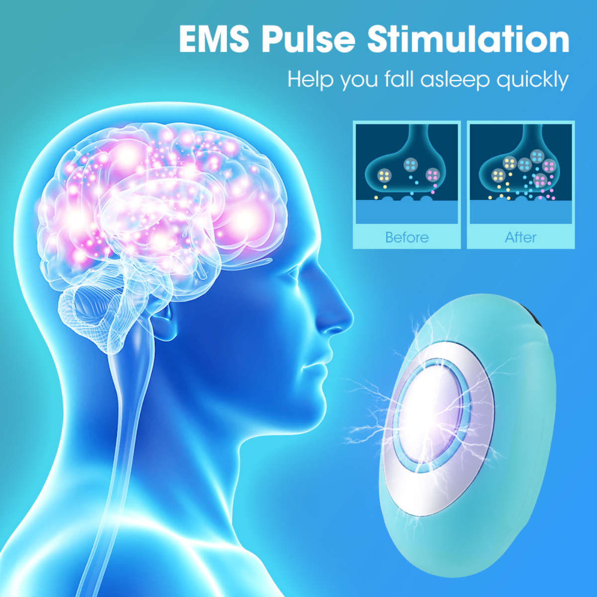 Illustration eines Gehirns und eines Geräts mit Text zur EMS-Pulsstimulation.