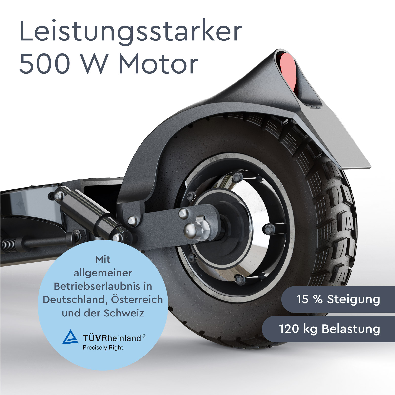 Details zu Rad und Motor eines Elektrorollers. Text: 500W Motor und 120 kg Last.