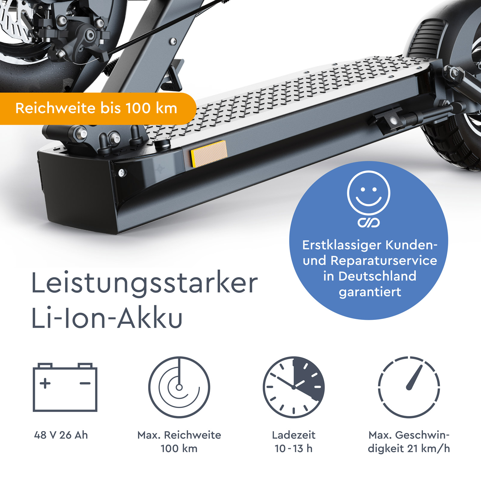 Dettaglio scooter elettrico con testo: Autonomia fino a 100 km, potente batteria agli ioni di litio e icone delle specifiche.