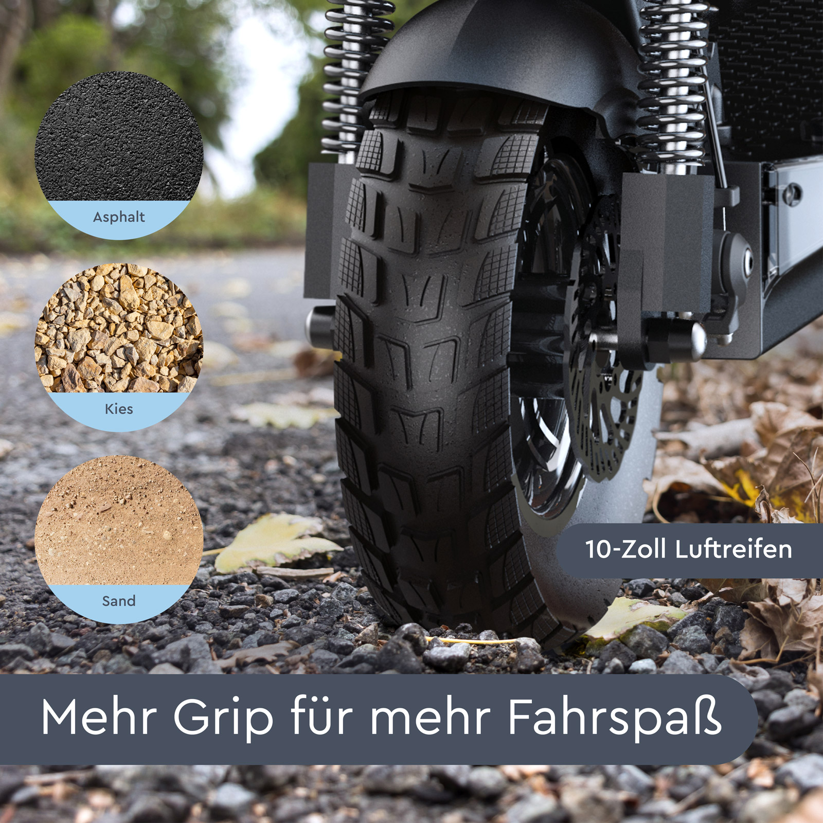 Nahaufnahme eines Rollerreifens mit verschiedenen Oberflächenstrukturen: Asphalt, Kies und Sand.