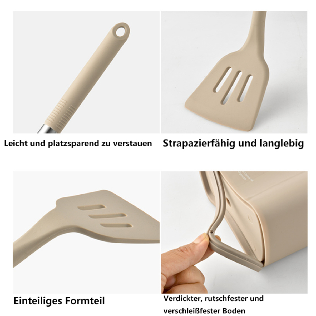 Nahaufnahmen von beigefarbenen Küchenutensilien, darunter ein Spatel und ein Griff, mit deutschem Text.