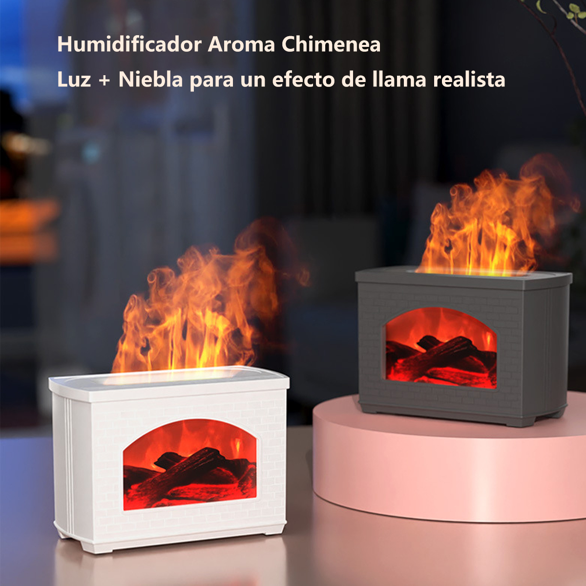 Zwei Luftbefeuchter in Form eines Kamins, einer weiß, einer grau, mit Flammeneffekten.