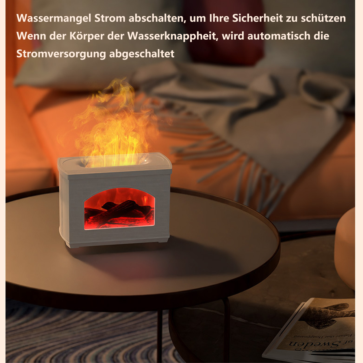 Ein kleiner dekorativer Kamin mit Flammeneffekt, platziert auf einem Tisch mit einem Buch im Hintergrund.