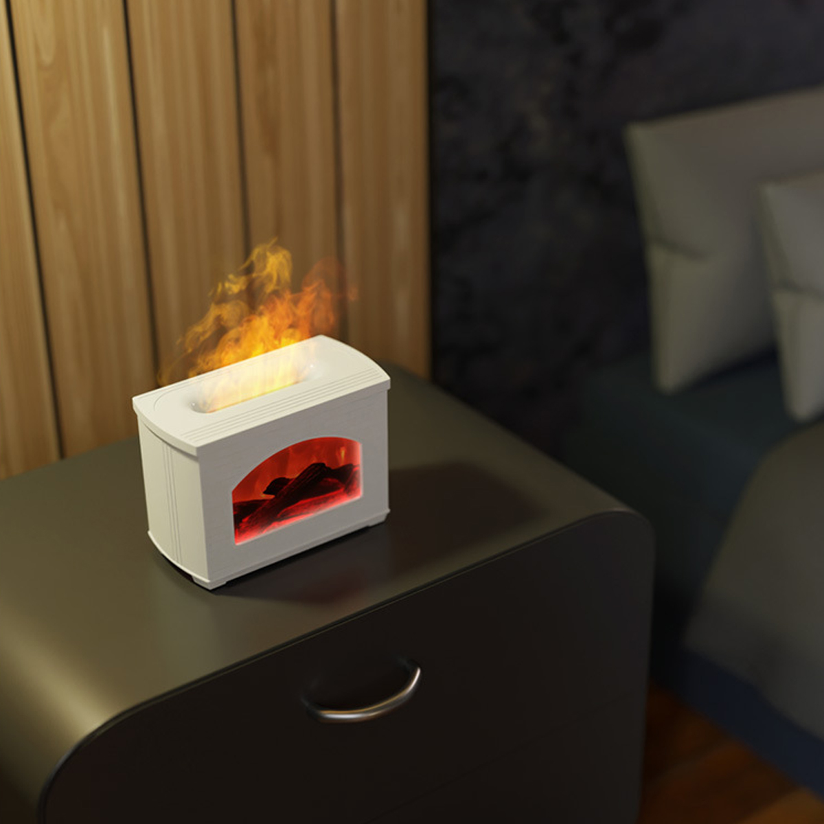 Weiße Kamin-Dekoration auf einem schwarzen Nachttisch. Flammen leuchten innen.