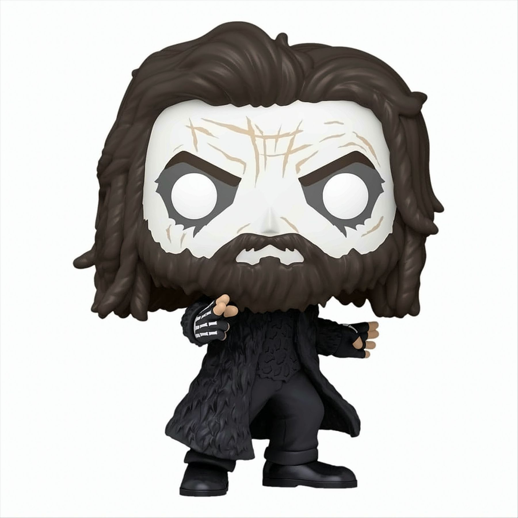 Funko Pop figure of a character with white face paint, dark hair, and a long black coat.