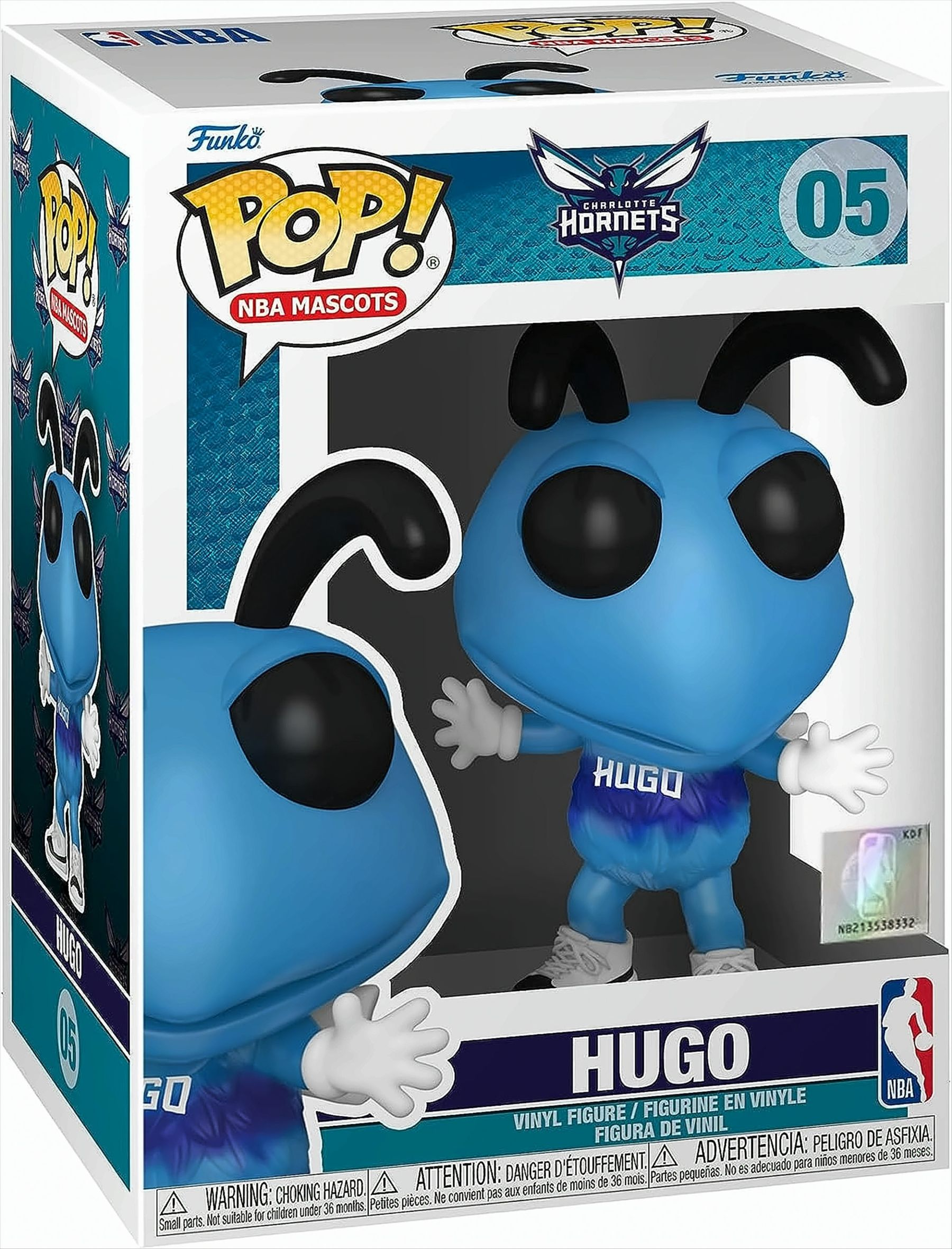 Funko Pop Figur von Hugo, einem blauen Ameisen-Maskottchen der Charlotte Hornets, in einer Box.