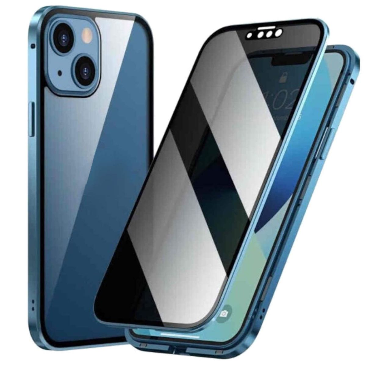 Transparent 15 Hülle, Magnet / Mirror Grad Beidseitiger iPhone Apple, Blau 360 Privacy WIGENTO / Glas Cover, Pro, Full