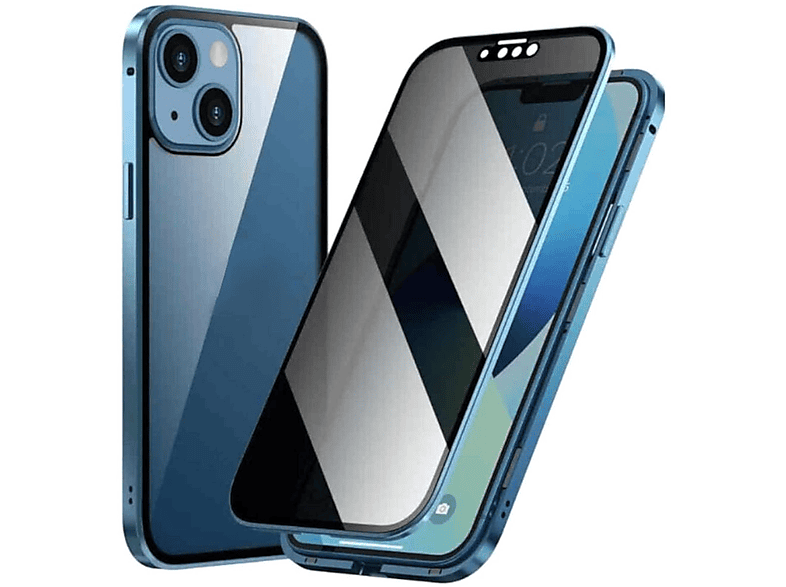 WIGENTO Beidseitiger 360 Grad / Mirror Apple, Privacy Cover, iPhone Blau Hülle, 15 Glas Magnet Transparent / Pro, Full