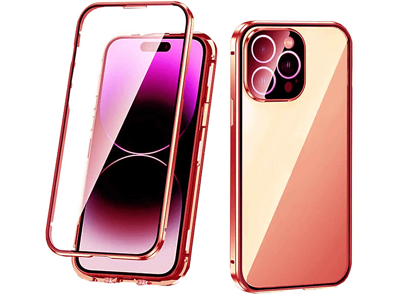 Magnet Hülle, 360 Transparent Metall Full WIGENTO Glas / 14 Pro, Beidseitiger Cover, Aluminium Grad Apple, iPhone Rot