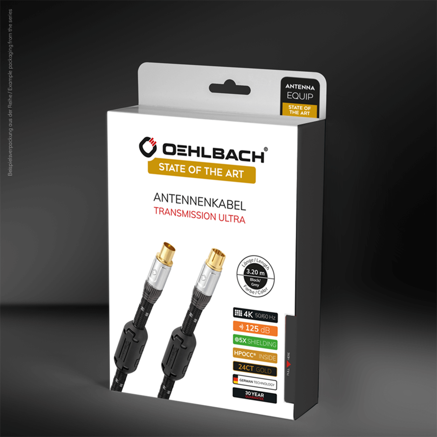 Eine Schachtel mit Antennenkabeln mit Produktinformationen. Zwei Kabel befinden sich in der Schachtel.