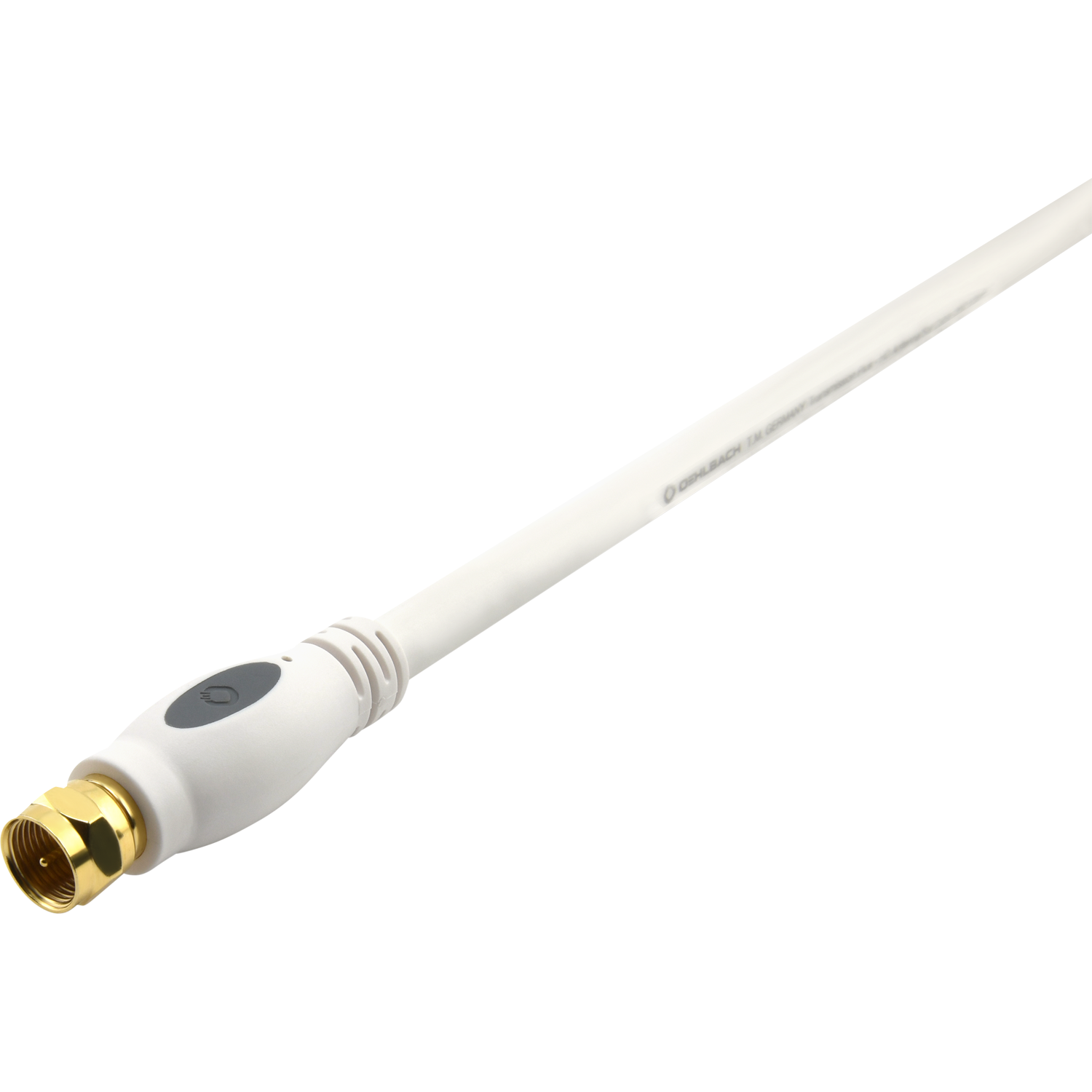 Weißes Koaxialkabel mit einem goldenen Stecker.