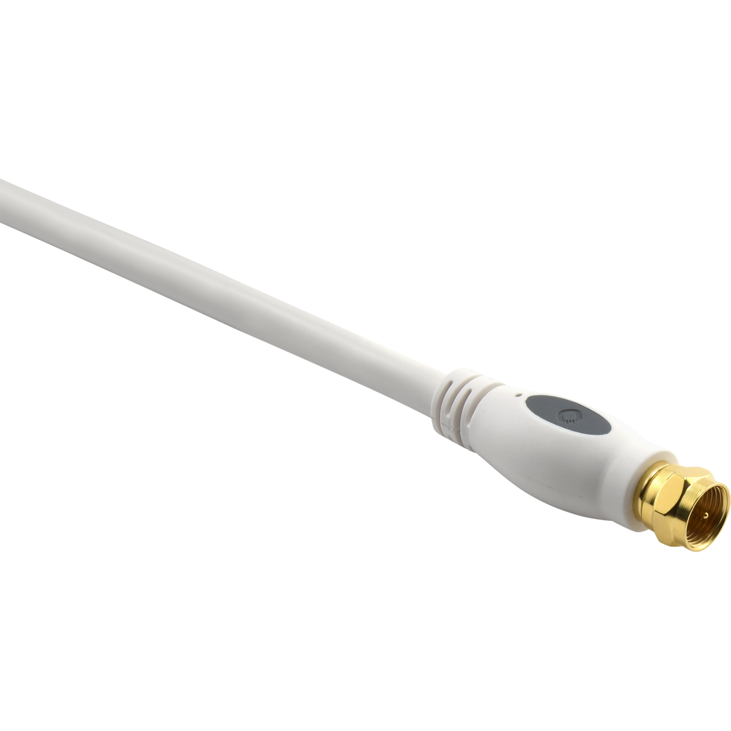 Ein weißes Koaxialkabel mit einem goldenen Stecker auf schwarzem Hintergrund.