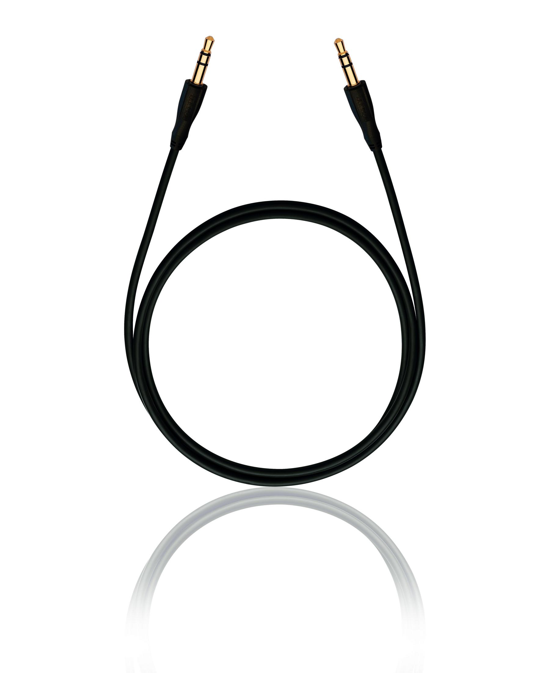 Ein schwarzes Audiokabel mit goldfarbenen Steckern an jedem Ende. Das Kabel ist in einer Schleife gebogen.