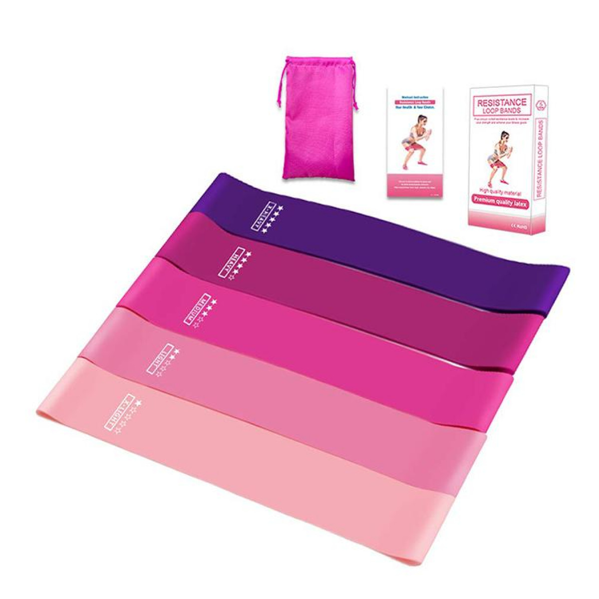 Widerstandsbänder-Set, rosa, lila und rosa Tasche und Karte.