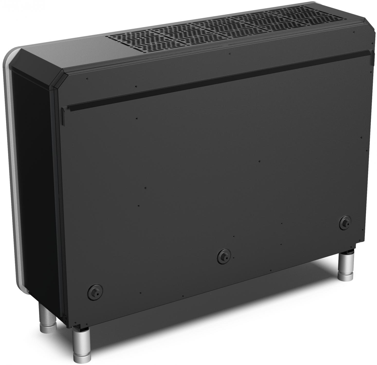Ein schwarzes und silbernes Server-ähnliches Gerät mit perforierter Oberseite und Metallbeinen.