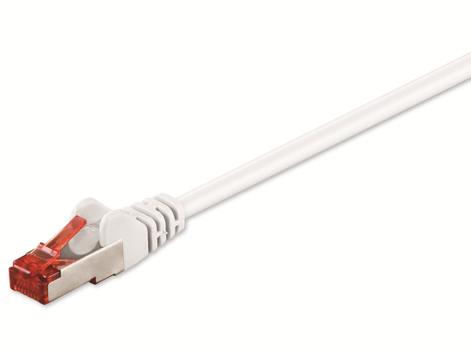 Cavo Ethernet bianco con connettore rosso. Isolato su sfondo bianco.