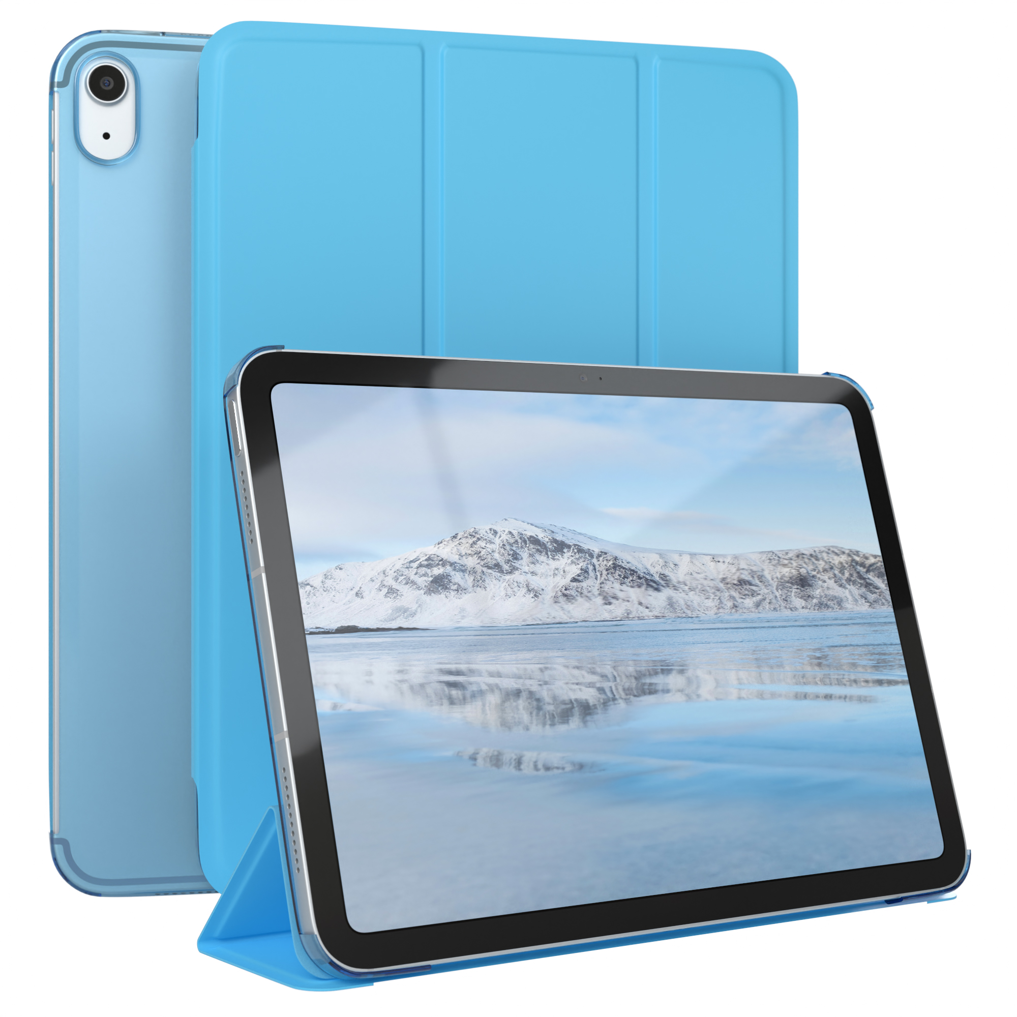 Blaue Tablet-Hülle mit Tablet, das eine Winterlandschaft zeigt.