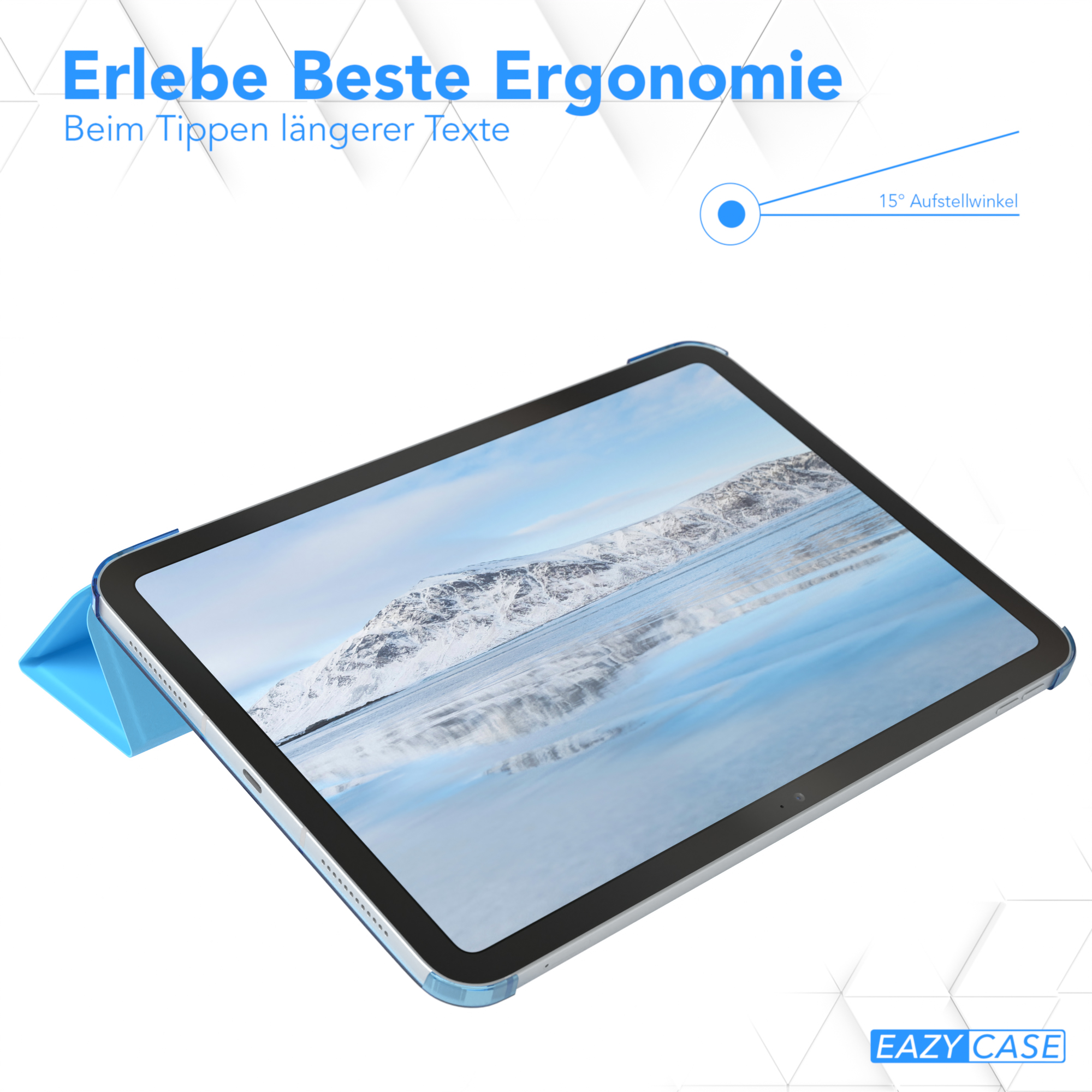 Tablet mit blauem Gehäuse und einem Bildschirm, der eine Wasserszene zeigt.