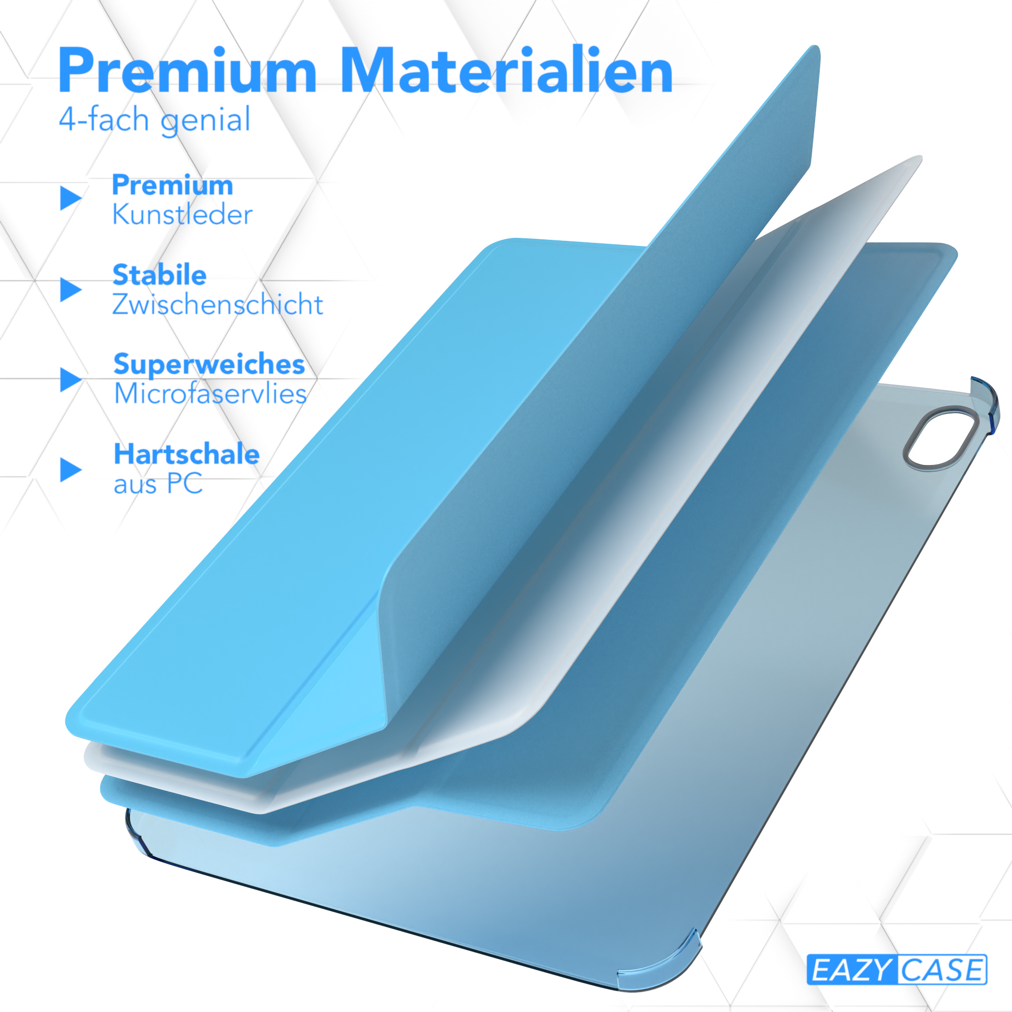 Blaue Tablet-Hülle mit Schichten aus blauem Material. Text über Premium-Materialien und Schichten.