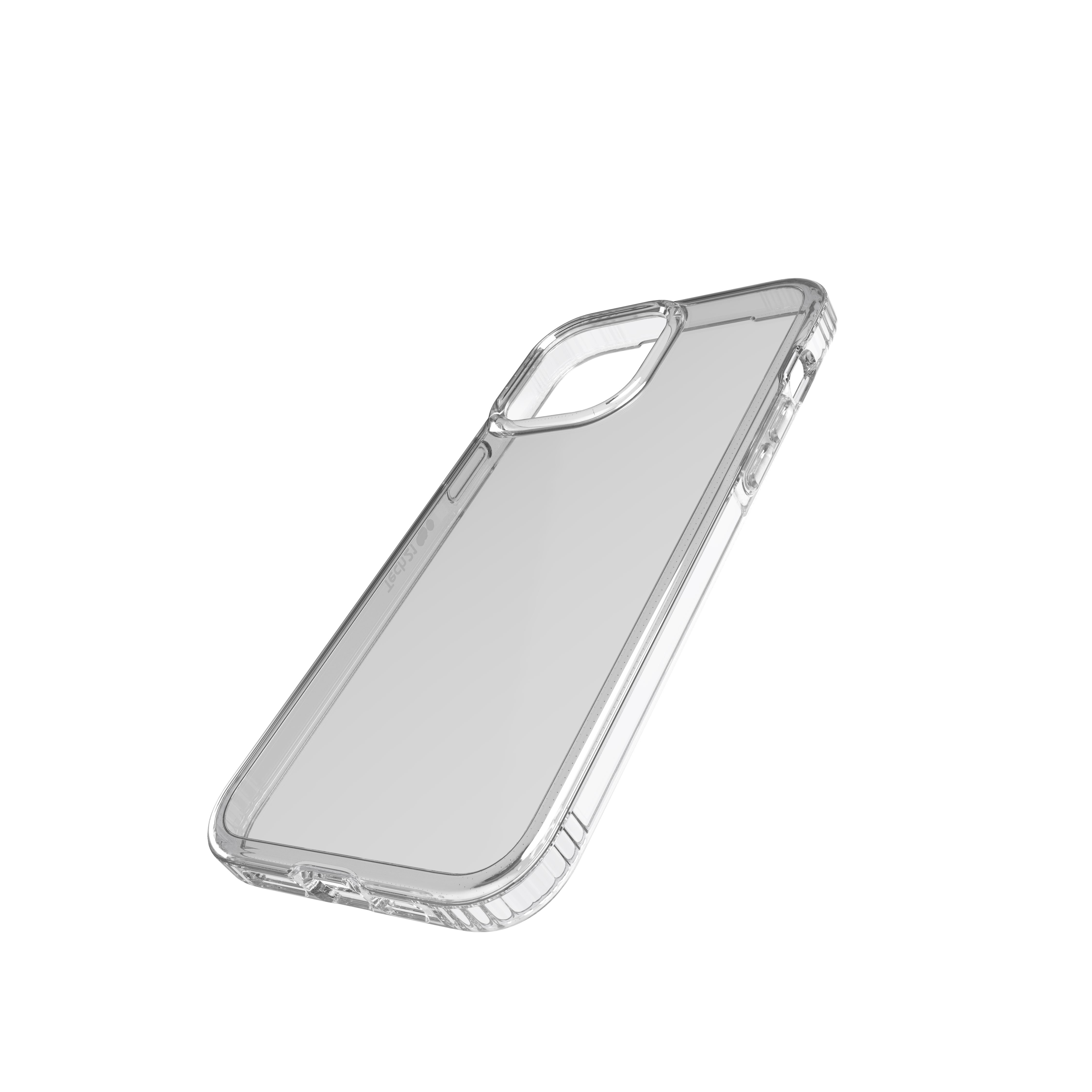 Eine transparente Handyhülle auf schwarzem Hintergrund. Die Hülle ist durchsichtig und hat ein schlankes Design.