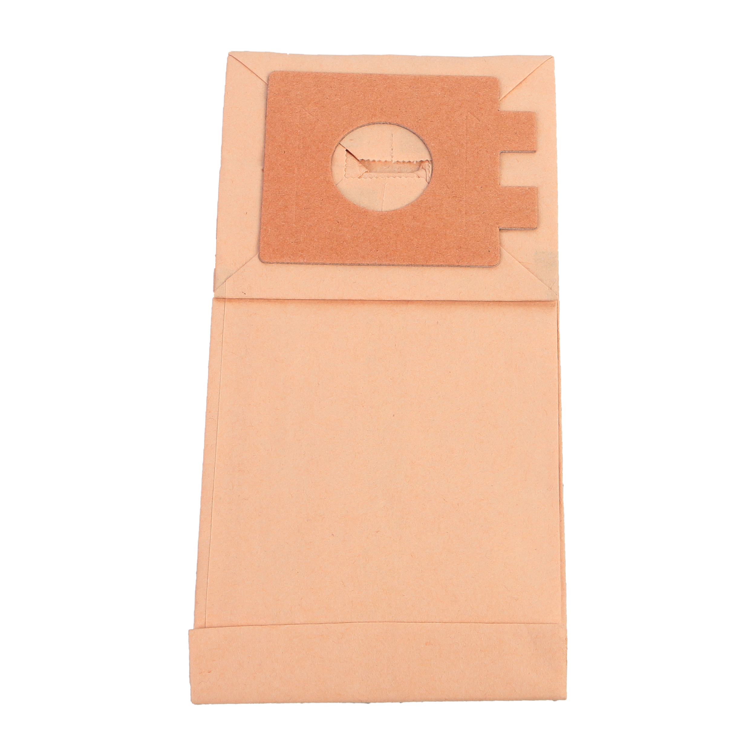 Ein beigefarbener Papierstaubsaugerbeutel, aufrecht gezeigt, mit einer kreisförmigen Öffnung und einer Klappe.