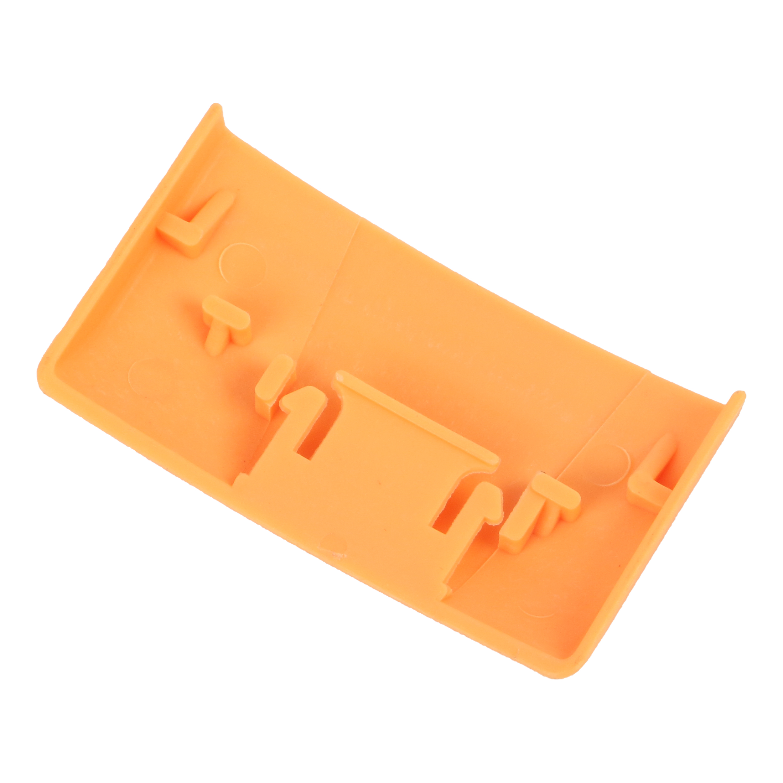 Eine orange Kunststoffkomponente mit mehreren Laschen und Vorsprüngen.