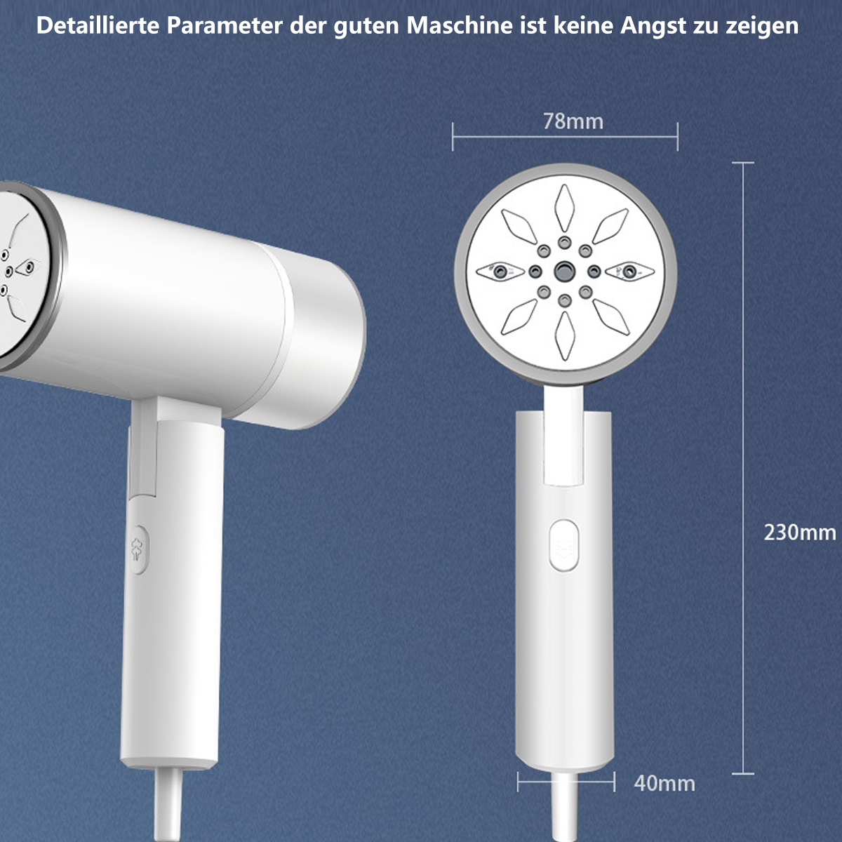 Zwei Diagramme eines weißen Handdampfers mit Maßangaben in mm, auf blauem Hintergrund.