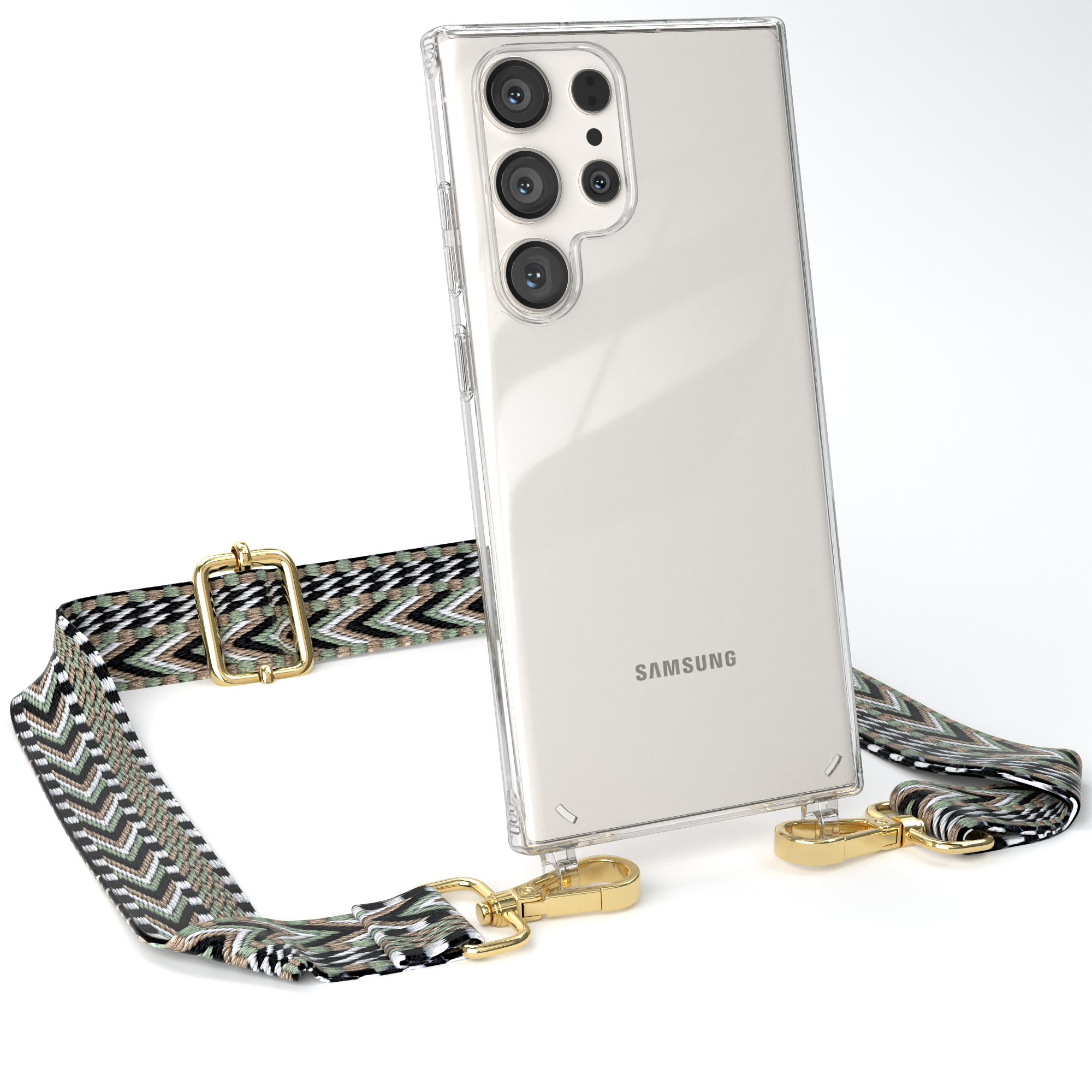 EAZY CASE Samsung, mit Umhängetasche, / Handyhülle Grün Galaxy Ultra, S23 Kordel Boho Transparente Schwarz Style