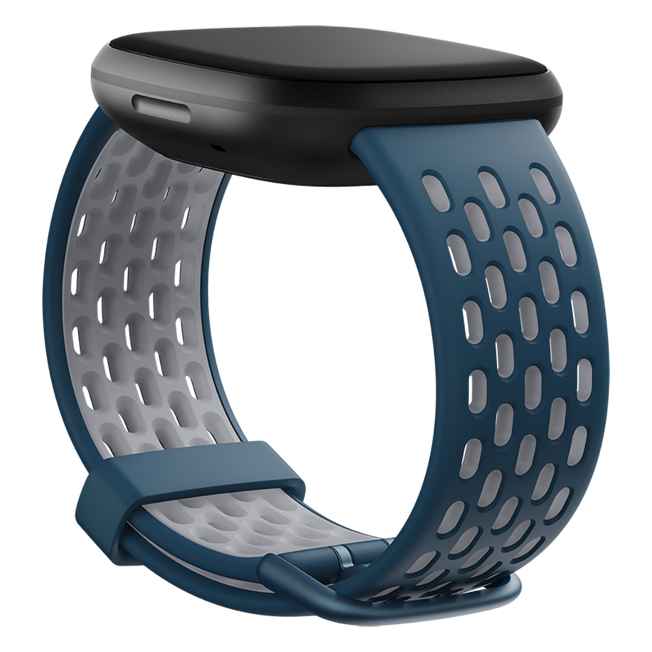 Correa de reloj inteligente azul y gris, con esfera negra. La correa está perforada.