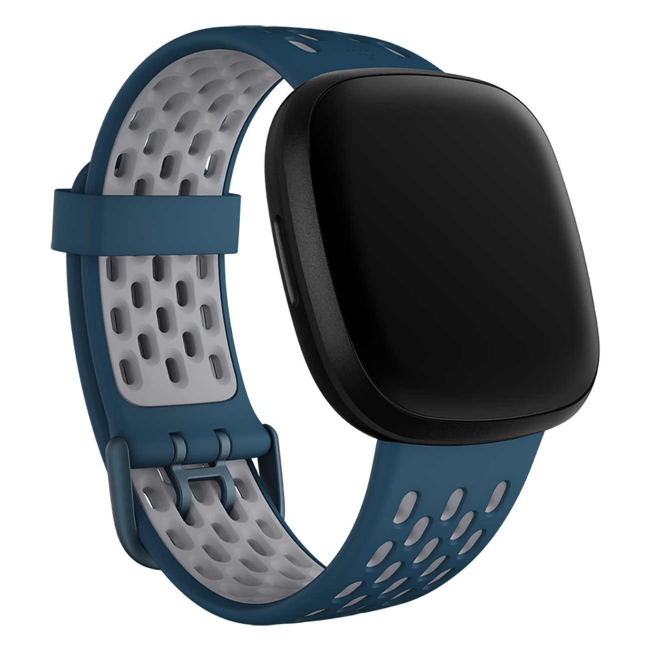 Reloj inteligente azul y gris con pantalla negra y correa azul.
