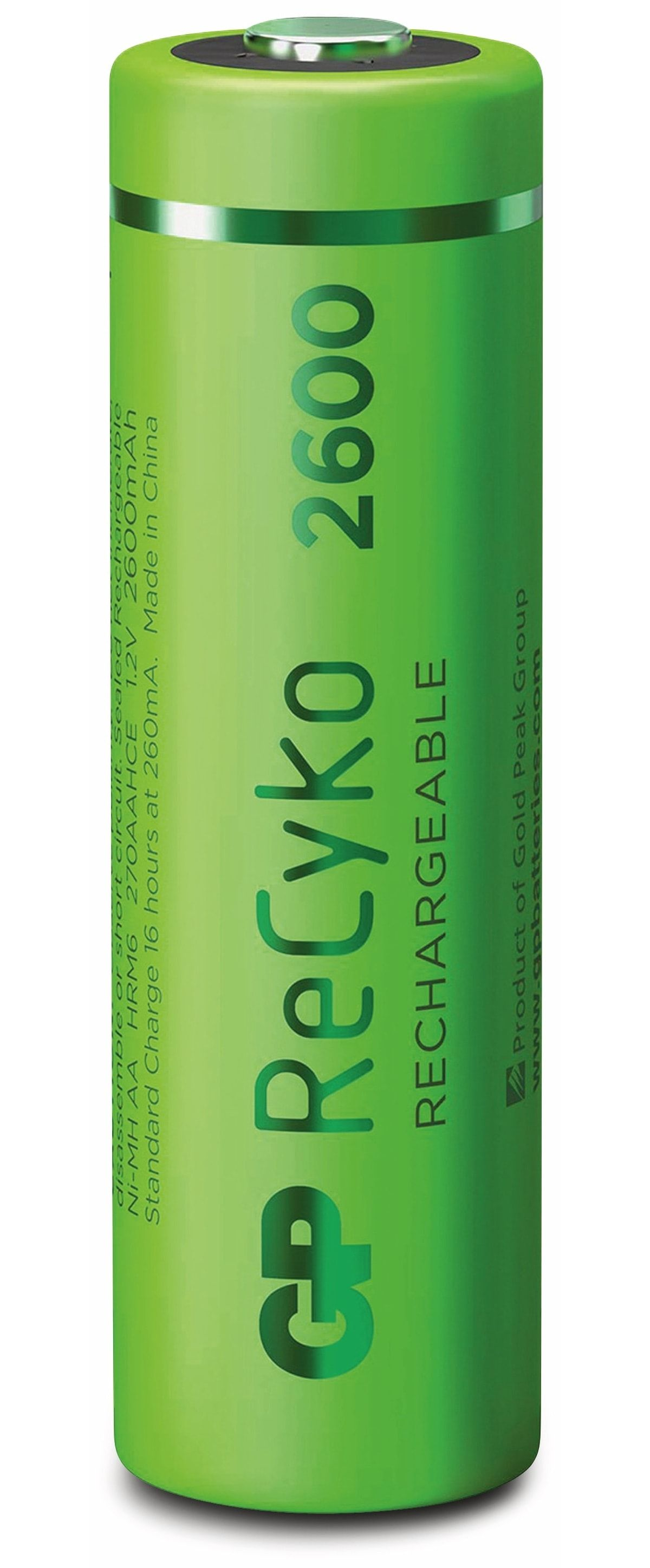 Grüne Akku mit schwarz-weißem Text. Die Marke ist ReCyko, Produkt der Gold Peak Group.