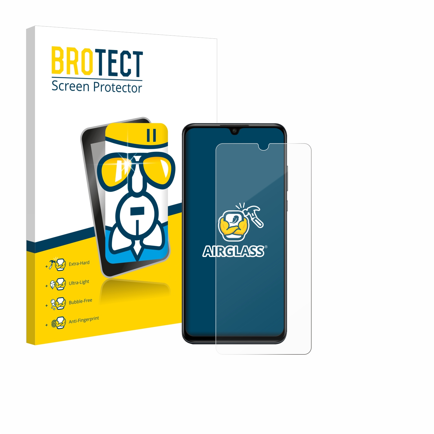 Displayschutzfolien-Set mit Telefon und Box. Auf der Box steht BROTECT Screen Protector.
