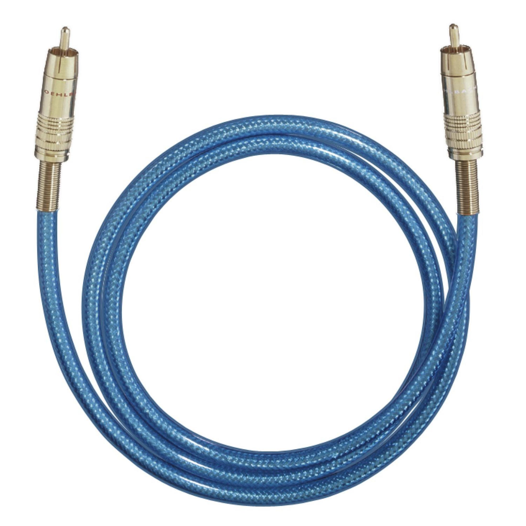 Blaues Audiokabel mit goldfarbenen Steckern. Weißer Hintergrund.