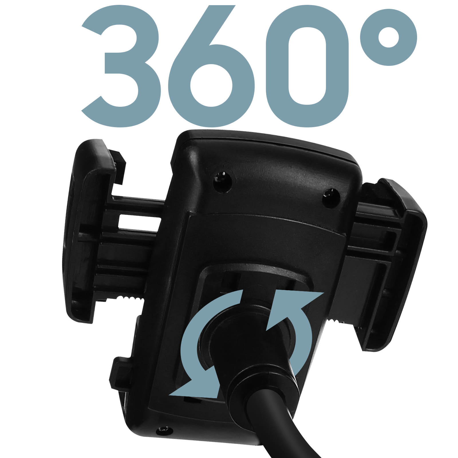 Supporto per telefono nero con funzione di rotazione a 360 gradi, su sfondo bianco.