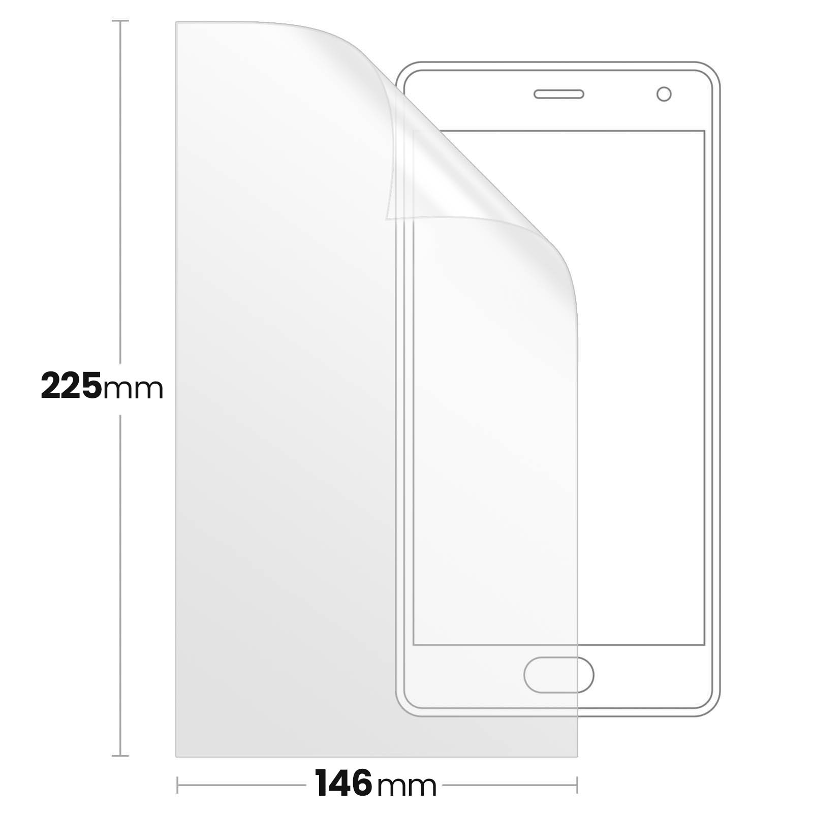 Una protezione schermo trasparente copre parzialmente uno smartphone. Dimensioni: 225 mm x 146 mm. Il telefono ha un tasto home e una fotocamera.