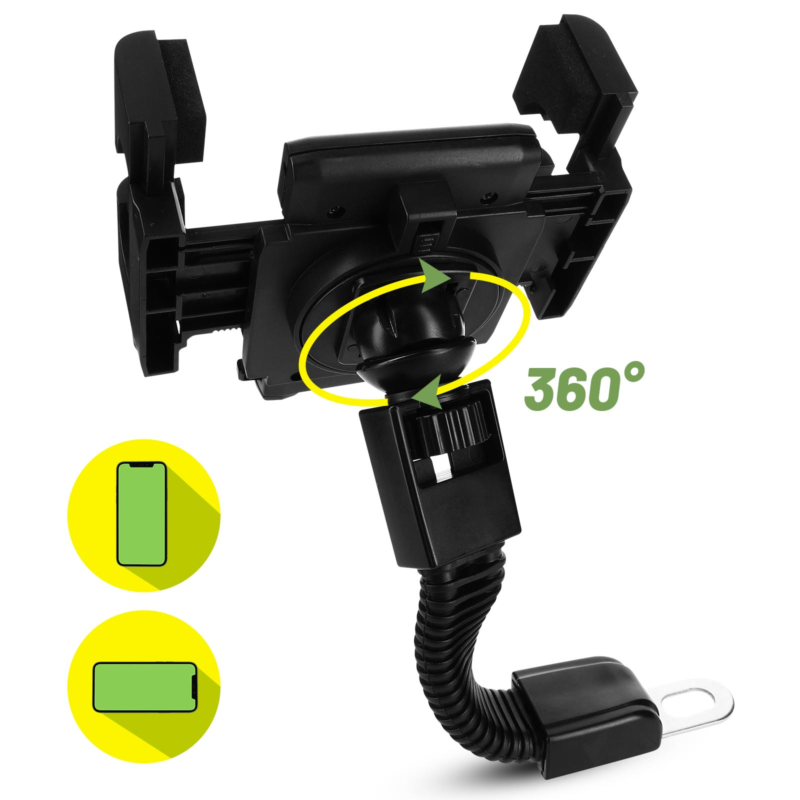 Supporto per telefono nero con base girevole, frecce indicano rotazione a 360°, su sfondo bianco.