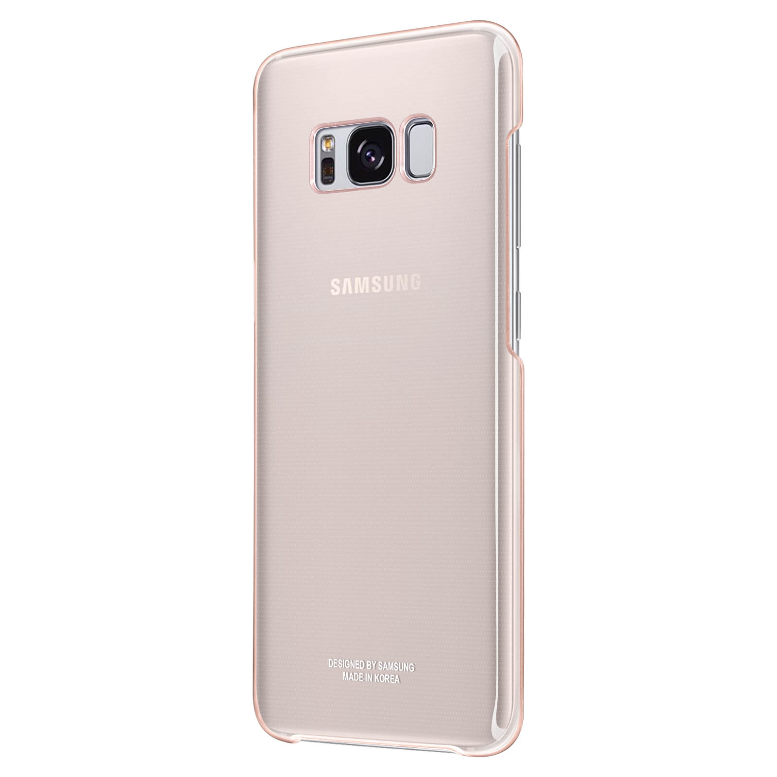 Custodia trasparente rosa per telefono, con fotocamera e logo Samsung visibili.