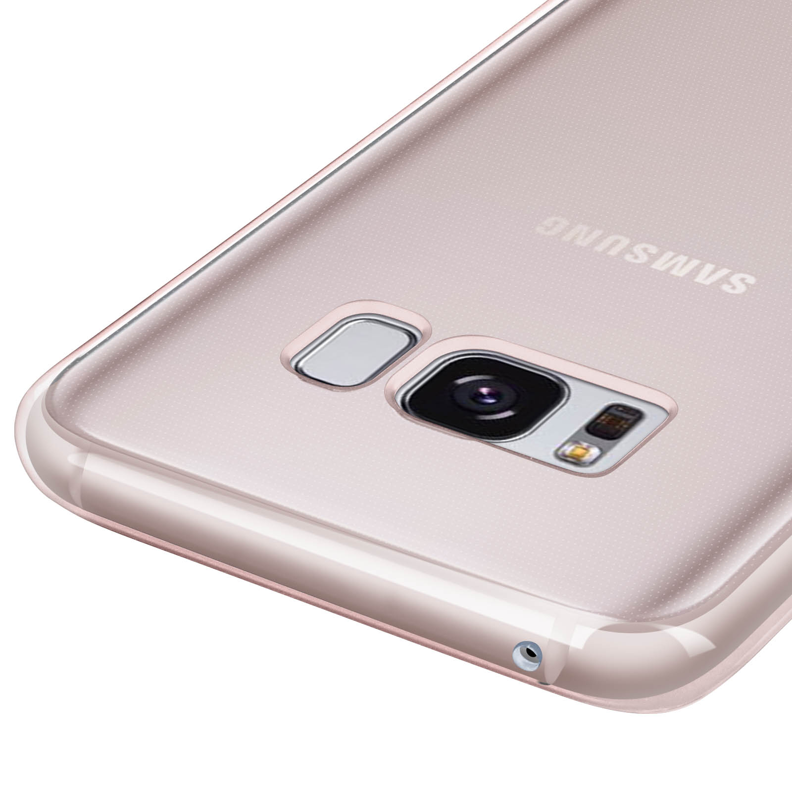 Una custodia per telefono color oro rosa su un telefono, con il logo Samsung visibile.