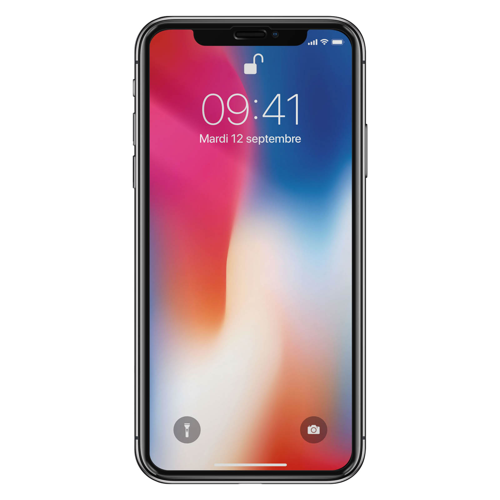 Un iPhone nero con display che mostra l'ora e la data, su sfondo bianco.