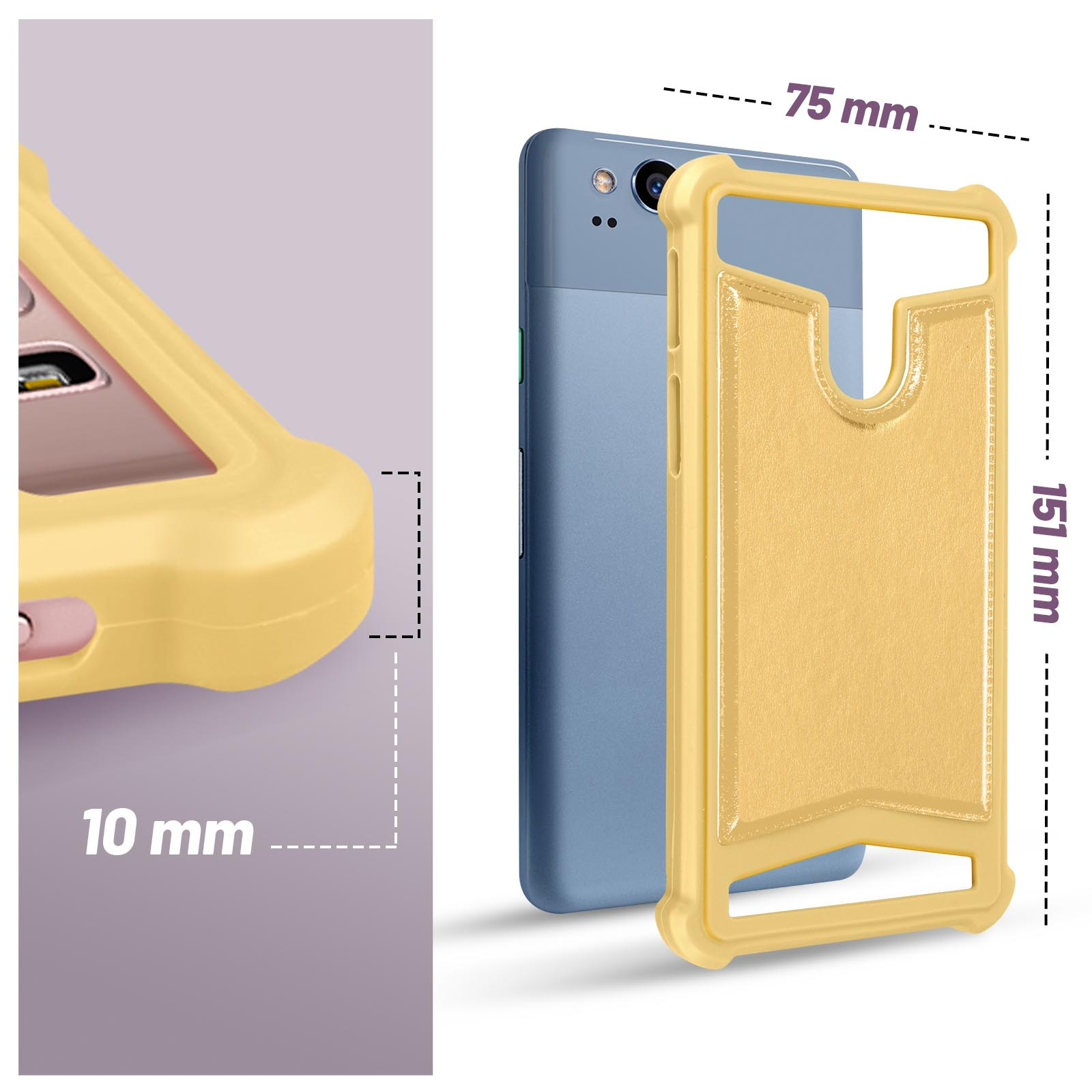 Custodia gialla con portacarte. Il telefono è blu.
