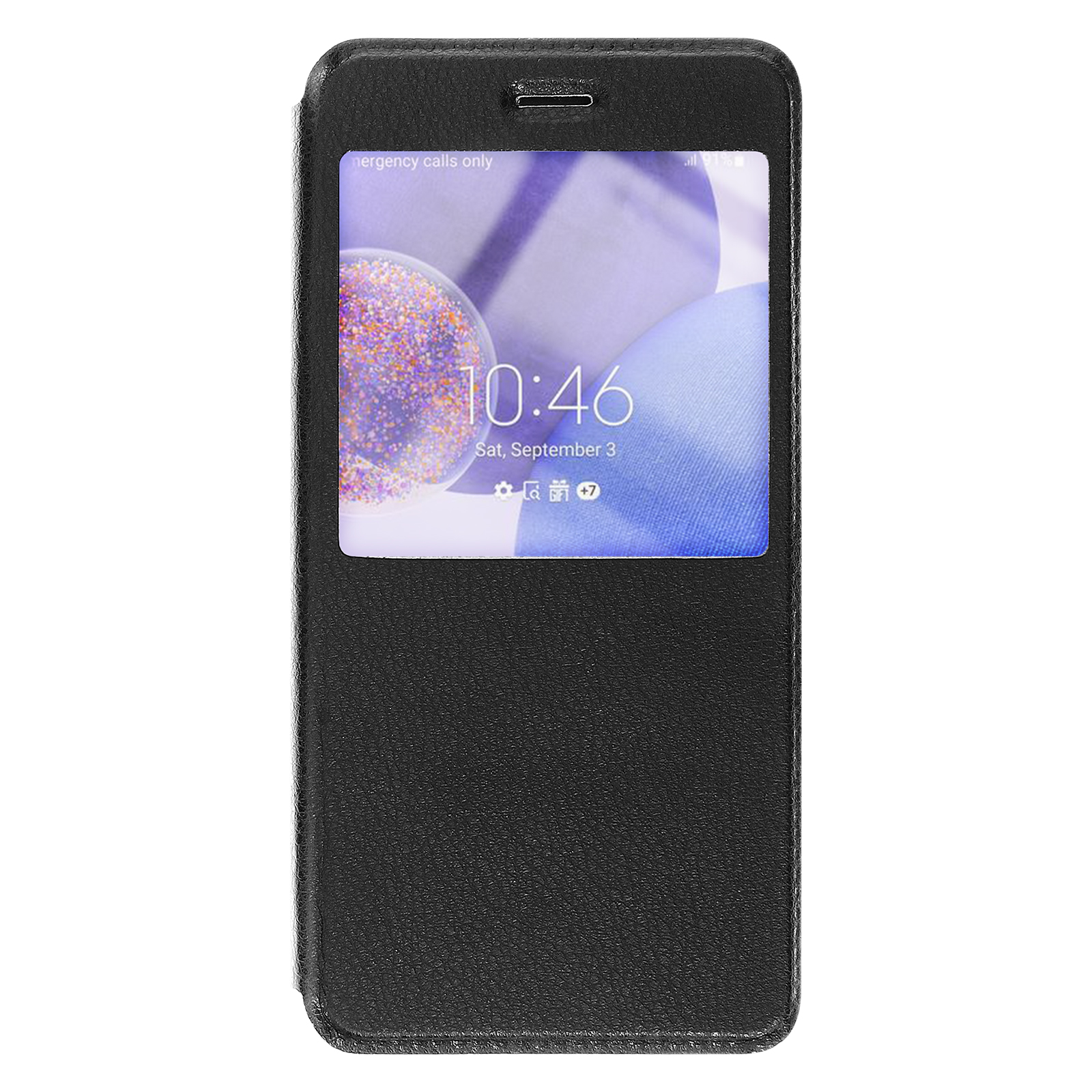 Étui de téléphone noir avec un écran affichant l'heure et la date. Fond blanc.