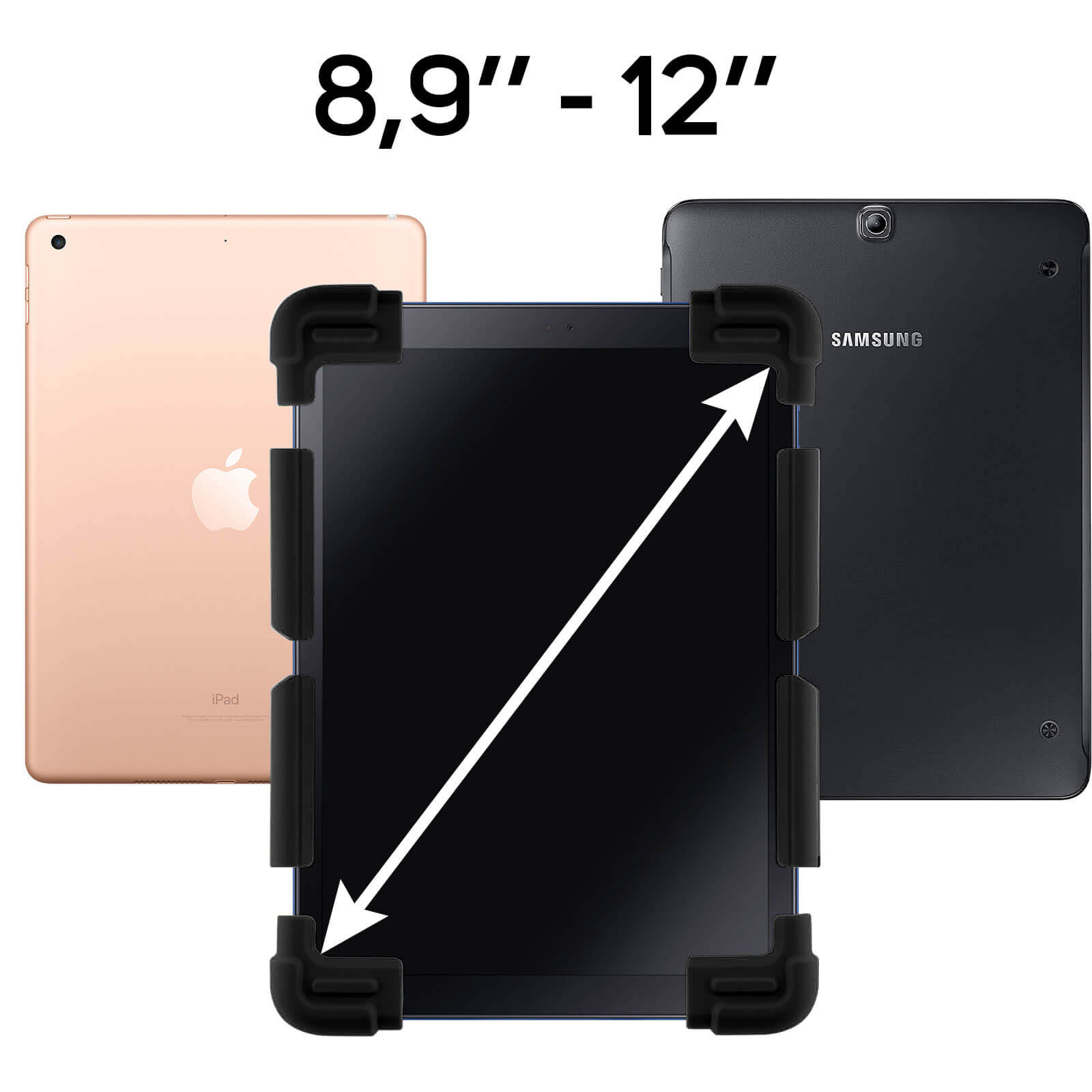 Drei Tablets in einer schwarzen Hülle, Größenbereich 8,9"-12", auf weißem Grund.