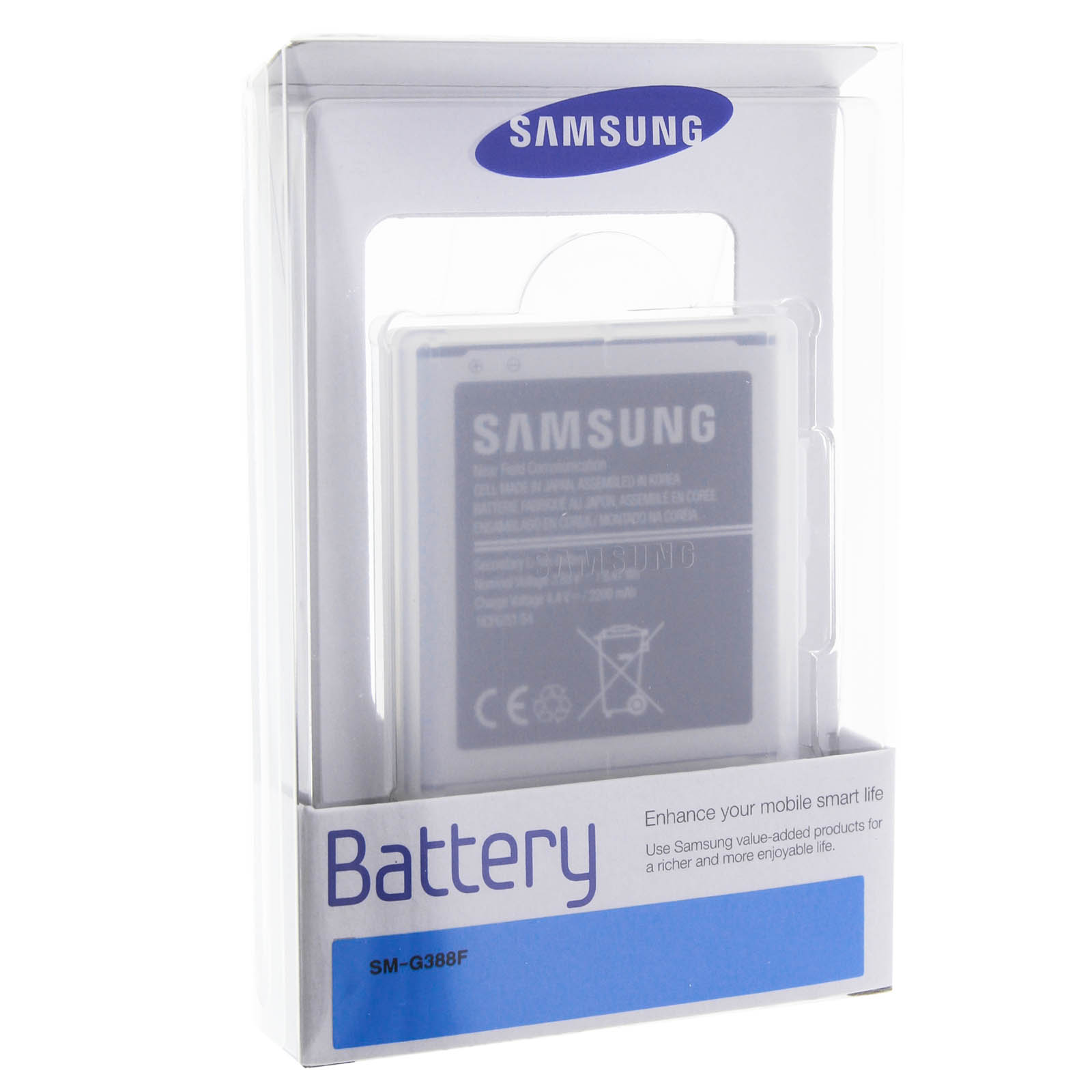 Una confezione di batterie Samsung in plastica trasparente con una batteria all'interno.