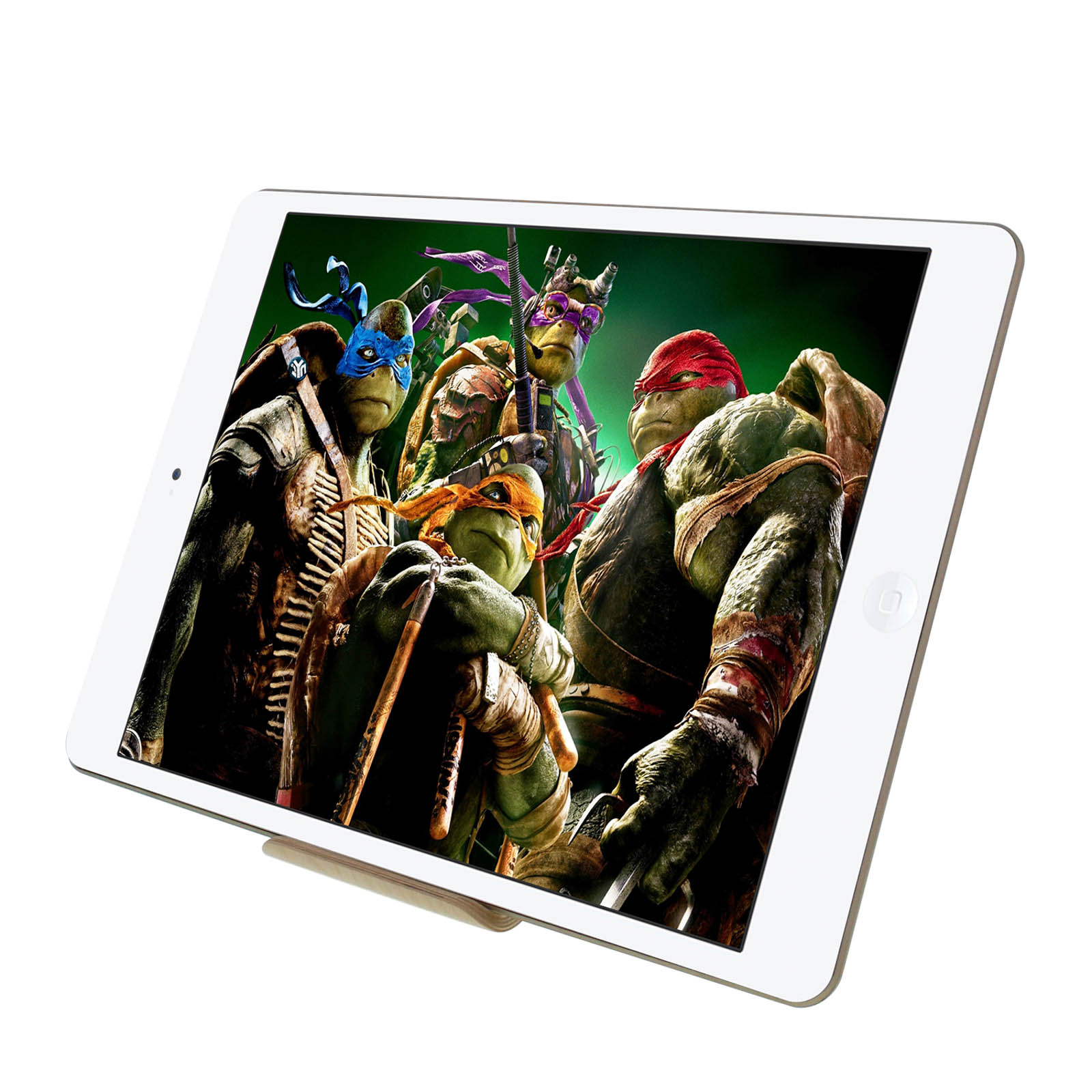 Ein Tablet zeigt die Teenage Mutant Ninja Turtles auf dem Bildschirm, weißer Rahmen.